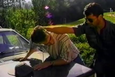 brunette fellow Is pounded Hard On The Hood Of His Car